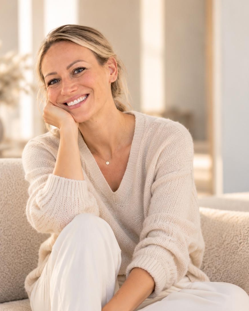 Cordula Loock, Gründerin von PAVAOO, sitzt lächelnd auf einem hellen Sofa